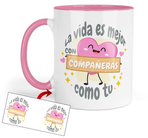 Kembilove Taza “La Vida es Mejor con Compañeras Como Tú” | Regalo Bonito y Tierno para Mujeres en el Trabajo | Diseño con Corazón Rosa | 330ml Apta para Microondas y Lavavajillas