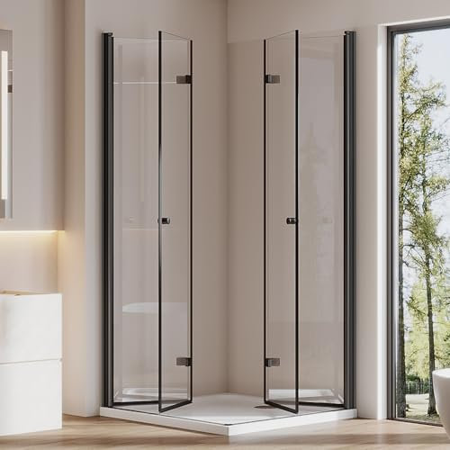 Cozynest Duschkabine Schwarz 90x90cm Eckeinstieg Eckdusche mit Drehfalttür, Doppelte Faltbare Duschtür 180º Duschwand Duschabtrennung aus 6mm ESG Sicherheitsglas Höhe 185cm