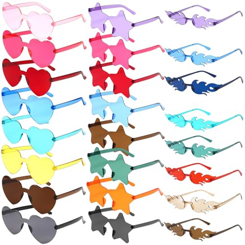 Weihnachten 24 Stück Randlose Sonnenbrillen,Herz Sonnenbrille, 3-Stile/Stern/Herzförmige/Flamme, Transparente Bonbonfarbene Herzbrille,Herzförmige Partybrille,Herzbrille,für Karneval Strandparty