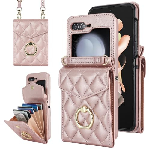 SINQERISHT Handykette Handyhülle für Samsung Galaxy Z Flip 7 5G Wallet Hülle PU Leder Case mit Kartenfach& 360° Ring Ständer Klapphülle Magnetverschluss Cover(Roségold)