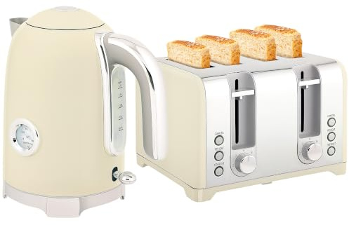 HOMCOM Retro Kettle and Toaster Set with Jug Kettle & 4 Slice Toaster Cream | Temp Display, 1.7L 3000W Rapid Boil Stainless Steel, Thermostat Limescale Filter, 7 Browning Controls, Crumb Tray