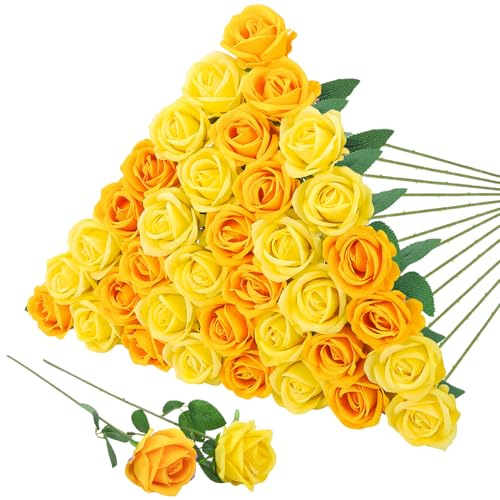 saerryor 36 Pcs Artificial Roses with Long Stems,Yellow Artificial Flowers | Artificial Flowers Bulk for Bridal Wedding Bouquet Centerpiece Ball Arrangement Party Decor