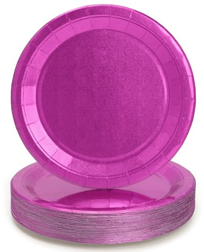 PARTY GO 50Pcs Purple Paper Plates Gold Foil Stamping 9 23cm, Mirror-Like Gold Foil Over Solid Purple for Dinner and Dessert for Birthday, Baby Shower, Holiday Wedding Graduation Party Decorations