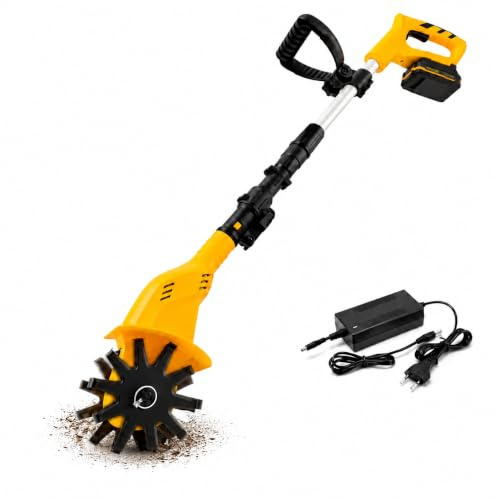 Motobineuse sans fil 20 V avec batterie et chargeur, avec lames en acier au manganèse, poignée télescopique pour parterre, jardin, serre, travail du sol