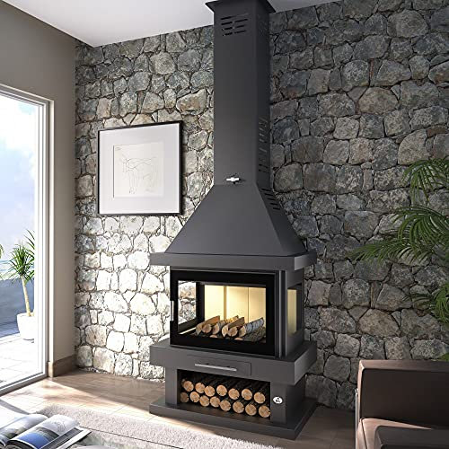 FM Chimenea metálica de leña Frontal 3 Caras con Cristal Serigrafiado