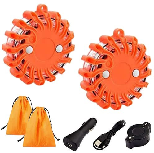 2pcs Balise De Signalisation Lumineuse,LED Lamp d'Avertissement USB Rechargeable avec Base magnétique/Sac de Rangement (Orange)