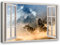 Feeby Leinwandbild - Bilder Wohnzimmer - Fensterblick Wölfe Tier Grau - 90x60 cm 1tlg - Deko Schlafzimmer - Wanddekoration - Aesthetic - Groß Moderne Bild - Foto auf Leinwand