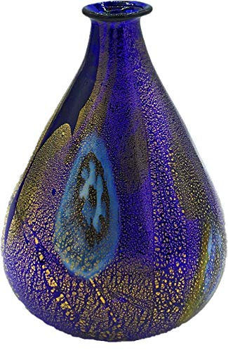 Botella de la colección de cristal de Murano Murrina con hoja de oro, fabricada en Italia (Oliva Azul, Ø 7 h 9 cm)