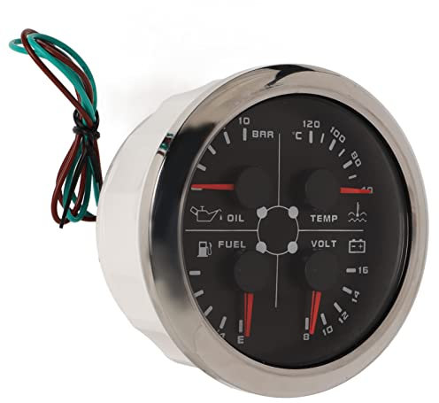 Medidor de Calibre Multifuncional 4 en 1, Universal DC 9-32V 85mm Temperatura del Agua Marina Nivel de Combustible Voltímetro de Presión de Aceite con Retroiluminación para Coche (Negro °C/Bar)