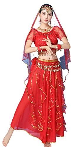 OTMYIGO 5 teiliges Set Bollywood Kostüm Set Frauen Indisches Tanzkleid Sari Bauchtanz Outfit Performance Kleidung Chiffon Kleid,Rot,XXL