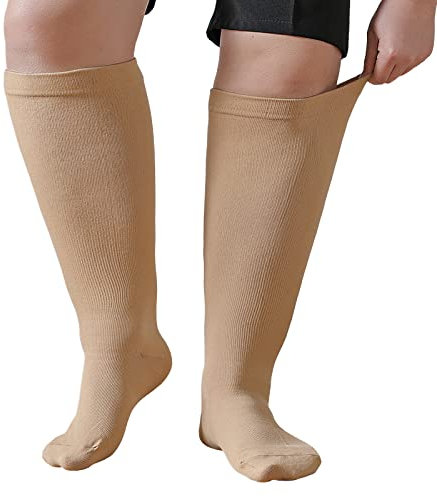 PUTUO Damen Dicke Waden Kompressionsstrümpfe: Herren Kompressionssocken übergröße Stützstrümpfe Männer Kompressionssocken Frauen Thrombosestrümpfe für Sport Flug Beige 4XL 1 Paar