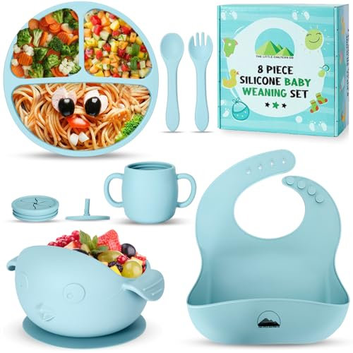 Little Chiltern Co Baby Weaning Set - 8 Pcs Silicone Baby Feeding Set with Adjustable Bib, Suction Bowl & Plate, Cup, Fork & Spoon - Microwave & Dishwasher Safe - Self Eating Utensil Set - Blue