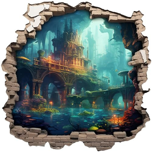 Samunshi Wandtattoo Wandriss mit Unterwasser Schloß Fenster in andere Welt Portal Schiffsfenster Kinderzimmer Wandaufkleber (50x50cm Unterwasser Schloß)
