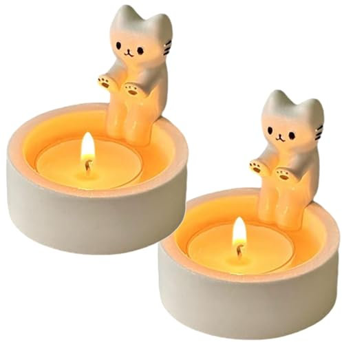 Mairbeon 2 Stück Cartoon Katzen Kerzenhalter, Niedliche Teelichthalter mit wärmenden Pfoten, Geschenk für Katzenliebhaber