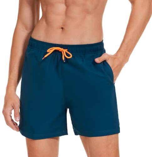 AMZSPORT Shorts de Bain Homme Boardshort Imperméable Maillot de Bain avec Poches et Doublure en Maille, Bleu Paon XXL