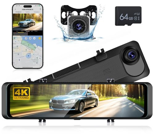 4K Mirror Dash Cam, WIFI & App Control Dual Dashcam with Card, Hodozzy 11.26 Inch Touch Screen Rear View Mirror Camera with G Sensor, 24-Hour Parking Monitor, Night Vision,Waterproof+1080P Camera