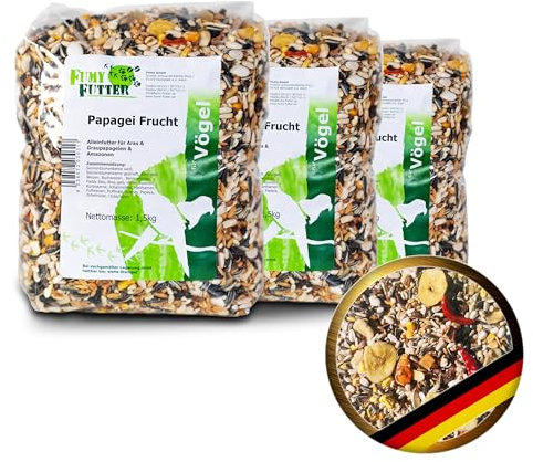 FumyFutter Papagei Frucht Mix, Exklusives Alleinfutter, Premium-Papageienfutter für Aras, Graupapageien und Amazonen, mit Früchten, Nüssen und Chilis verfeinert, 4,5kg, 3x 1,5kg Beutel