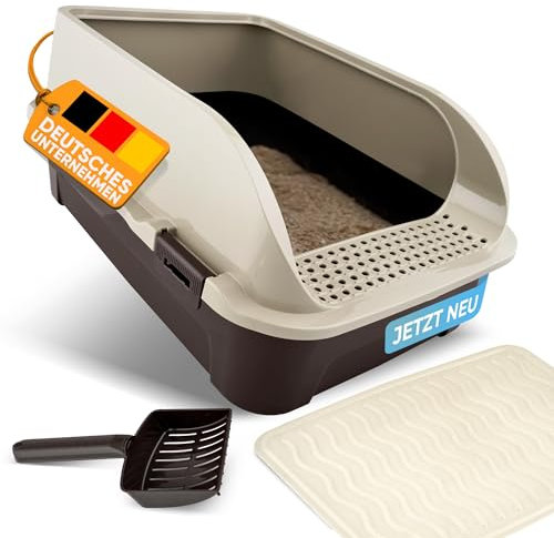 CROPLAS Katzenklo offen hoher Rand, Katzenklo ohne Deckel, Katzenklo groß, offenes Katzenklo, Katzentoilette offen mit Katzenklo Matte + Katzenklo Schaufel, Cat Litter Box, Katzen klo, Katzenklo beige