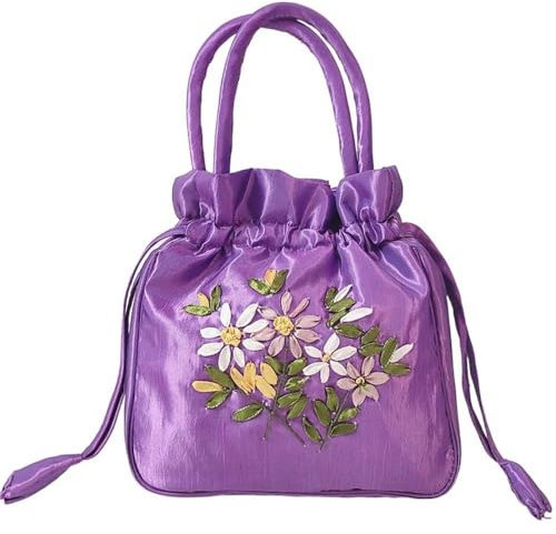 Borsa a mano con ricamo floreale elegante per tutti i giorni retrò raso seta piccola borsa portafoglio, Viola
