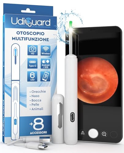 Otoscope Oreille avec Caméra 1920p 3,6mm Étanche WiFi Elimination du Cérumen - UdiGuard Endoscope Nettoyant Oreille Compatible avec iPhone iPad Android Blanc - 6 Lumières LED Animaux Adultes Enfants