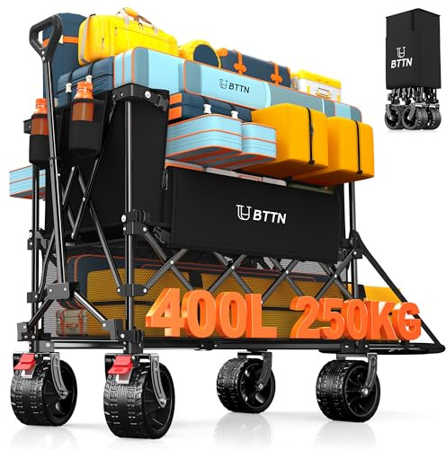 BTTN 400L Doppeldecker Bollerwagen Faltbar, Bremsen & Heckklappe, Schwarz | 250kg Traglast, 18x10cm All-Terrain-Räder, Ergonomiegriff, faltbarer Handwagen für Garten, Camping, Einkaufen, Picknick.