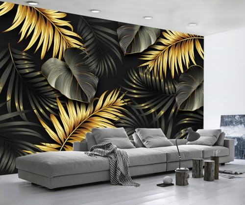 ZXCHEE Papier Peint Panoramique Feuille Noire Dorée Papier Peint 3D Tapisserie Mural Salon Chambre Décoration Murale -ZX06788-200x140cm