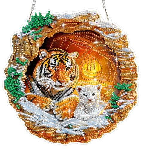Bowetile Diamond Painting Anhänger Tiger, Ostern Gartenblumen Diamond Painting Fensterbilder Erwachsene, Kinder Hängende Ornament Motive Bastelset für Fensterbilder Wand Garten,Decor Geschenk