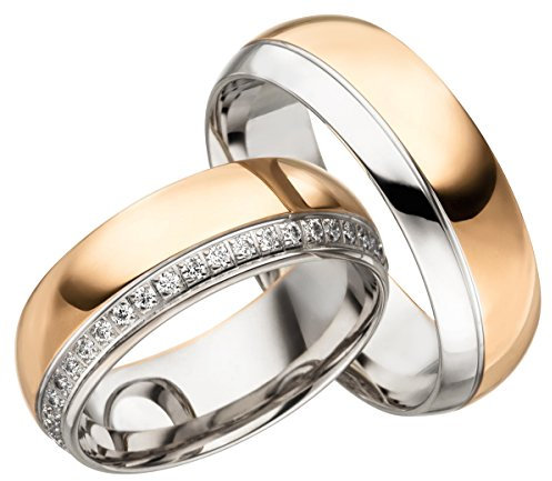2x 585 Gold Eheringe Partnerringe Trauringe Hochzeitsringe in Rosegold & Weißgold *mit Gravur und Steinen* JC013