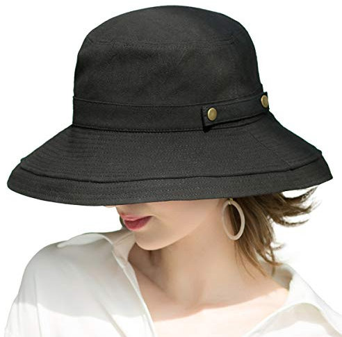 Somaler Damen-Sonnenhut aus Baumwolle mit breiter Krempe LSF 50+, UV-verstaubar, Strandhut, Sommerhut für Reisen, Knopf-Dekoration: Schwarz, Einheitsgröße