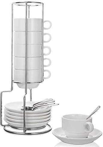 AOZITA Espresso Cups and Saucers with Spoons, Stand Rack, 19-piece Porcelain Stackable Mugs, 2.5-Ounce Demitasse Cups for Latte, Cafe Mocha