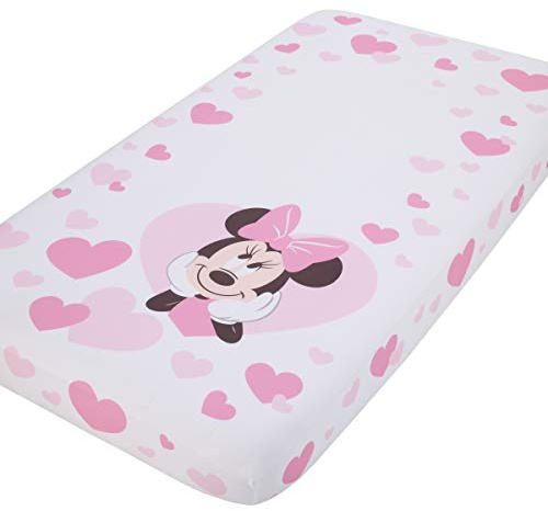 Disney Spannbetttuch für Kinderbett, Minnie Maus, rosa und weiße Herzen