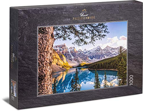 Ulmer Puzzleschmiede - Nordamerika-Puzzle „Moraine Lake“ – Klassisches 1000 Teile Puzzle – Puzzlemotiv von Kanadas Berg-Panorama im Spiegel des blauen Gletscher-See, Rocky Mountains
