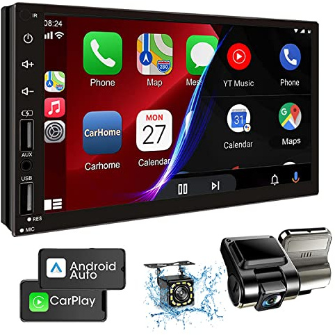 Leadfan Double Din Car Stereo with Dash Cam, Support Apple Carplay and Android Auto, 7INCH Full HD Touchscreen Car Audio Receivers Double Din Radio with Bluetooth, Camera, FM/2 USB/AUX/Subwoofer/SWC