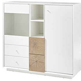 Robas Lund Wohnzimmerschrank Highboard weiß matt, Wohnzimmerschrank mit Absetzung Eiche Hirnholzoptik, BxHxT 122x113x40 cm