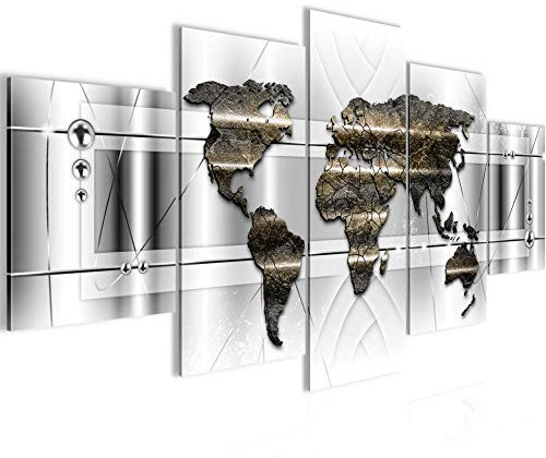 Runa Art Bild Büro Wohnzimmer Weltkarte Abstrakt 5 Teilig 3D Grau Sepia Wandbilder auf Vlies Leinwand 005153c