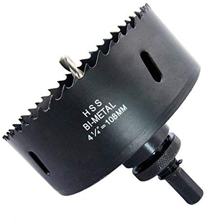 4.25inch Hole Saw LAIWEI Bi-Metal Hole Saw 108mm with Heavy Duty Mandrel, HSS 4-1/4Hole Cutter for Metal Pipe, Wood, Sheet Metal, etc. 2 locking pins make the tool stronger and drilling easier