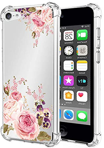 Yerebel Coque pour iPod Touch 7 / iPod Touch 6 / iPod Touch 5 Transparent Étui de Protection en Antichoc avec Coins Renforcés, Clair Mince Souple TPU pour Apple iPod Touch 5/6 / 7th Fleur de Rose