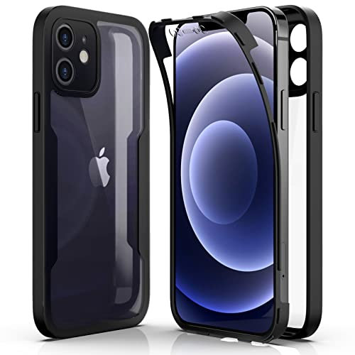 AICEK Compatible with Apple iPhone 12 Case, 360 Degree Full Body Cover for iPhone 12 TPU Bumper Case Built-in Screen Protector Shockproof Cover Black