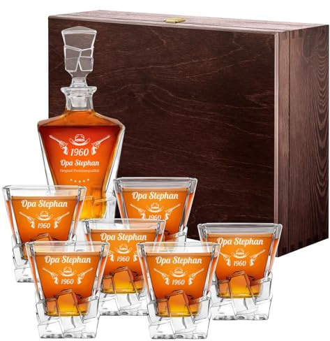 Maverton Ice Blink Whiskey Karaffe + 6er Whiskygläser Set mit Gravur | Whiskey Dekanter, luxuriöses Design, Kristallglas, für Männer zum Geburtstag, Revolver