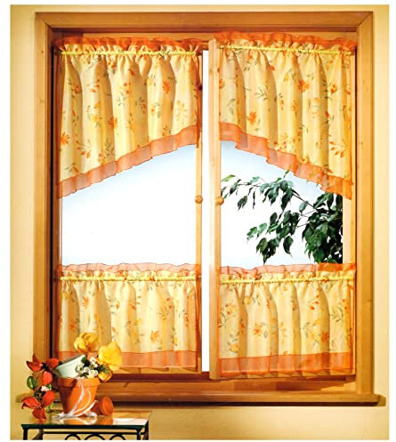 heimtexland ® Scheibengardine Set 4-teilig Fensterdekoration Flügelfenster Bistrogardine Blumen Gardine Landhaus Typ61 Gelb Terra