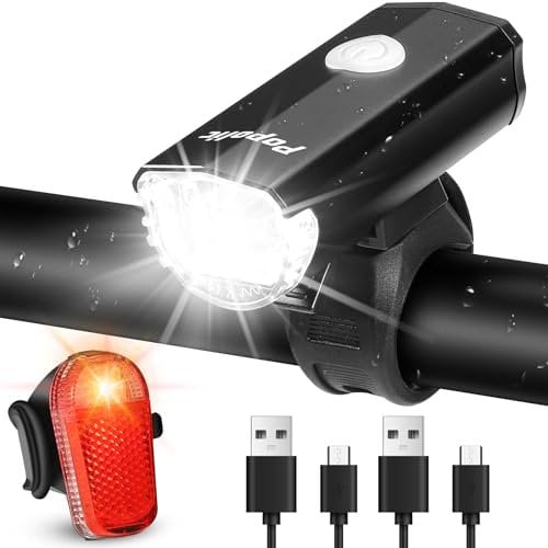 Popolic Fahrradlicht Set LED StVZO-30/15 LUX Fahrradbeleuchtung Set 360° Beleuchtung-IPX4 Wasserdicht mit USB Akku Fahrradlampe Bis zu 10h-Frontlicht & Rücklicht für Erwachsene Kinder