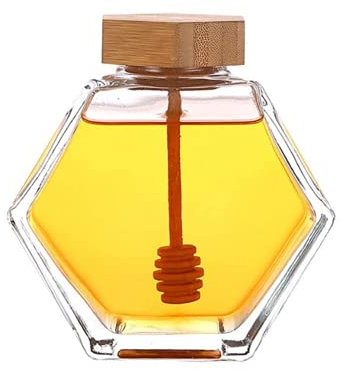 ericotry 1 pot à miel vide en verre de forme hexagonale avec cuillère en bois et couvercle en liège pour stockage de sirop de miel (380 ml)