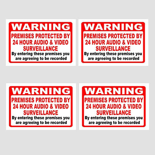 4 x WARNING Premises protected by 24 hour audio & video surveillance - Reverse Window Sticker - 100 mm Wide x 70 mm High - Printed side goes against the glass, so the image is visible from outside