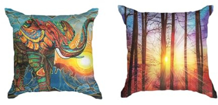 Ulticool - Kissenhülle - Elefant Sonne Boho Bohemien Sonnenuntergang - Orange Violett Blau Gelb - Set von 2 Motiven – 45 cm x 45 cm - Dekokissen ohne Füllung - Kissenbezug Zubehör für Sofa/Bett