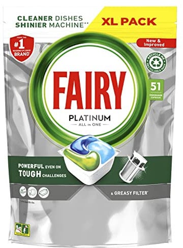 Fairy Platinum All In One Dishwasher Tablets, Regular, 51 Tablets, For Tough Challenges, Even Cleans Greasy Filters