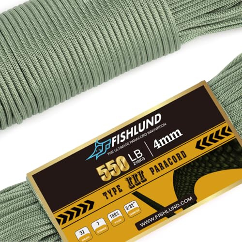 FISHLUND 4 mm Paracord 550 Nylon 7 Stränge Fallschirmschnur Typ III für Survival, Camping, Outdoor - Oliv Grün - 30m