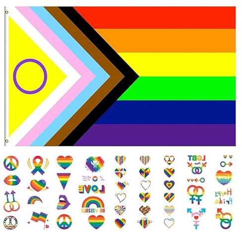 Regenbogen Flagge, 150x90 cm Pride Flag + 4 Stücke Pride Sticker, LGBTQ Flagge mit Ösen-Polyester Fabric-Windproof, Regenbogenfahne für Innen- und Außendekoration, LGBTQ Pride Aktivität