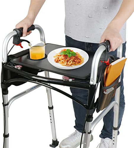Dotday Universal Walker Tray With Mesh Pockets, Cup Holder for Standard Folding Walker, Mobility Accessories, Medical Equipment for Senior - Black