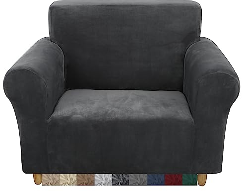 CMAKER Velvet Sofa Covers Couch Cover 1 Seater Stretch Couch Cover with Non Slip Elastic Bottom Furniture Protector Sofa Slipcovers Couch Cover for Pets (1 Seater, Dark Gray)