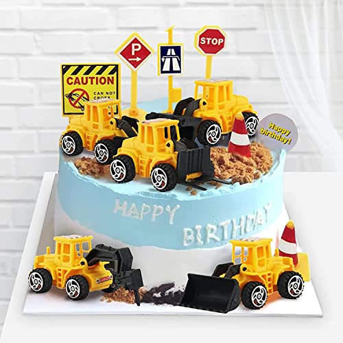 Morofme 16pcs Construction Cake Topper Vehicles Cake Decoration Set Truck Excavator Tower Crane Cupcake Topper Traffic and Road Sign Decor Happy Birthday Party Supplies Favors
